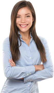 Asian businesswoman. Casual portrait of beautiful confident multi-ethnic Asian Chinese / Caucasian female businessperson smiling isolated in transparent PNG in studio. Young professional in her 20s.
