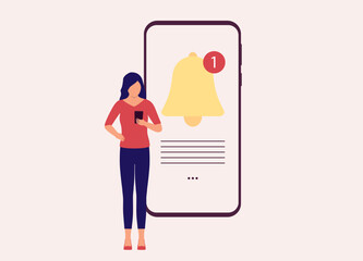 One Woman With Mobile Phone Receiving A Notifications With Bell Alert Icon Showing On Device Screen. Full Length. Flat Design Style, Character, Cartoon.