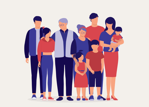 Portrait Of Family With Three Generations Of Two Parents Standing Together. Full Length. Flat Design Style, Character, Cartoon.