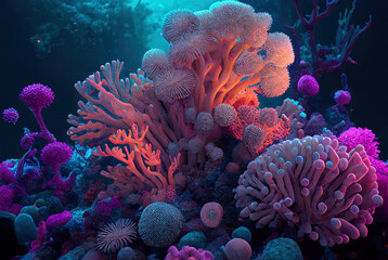 Wonderful colored corals and aquatic life in ocean seabed in the water realistic mattepainting illustration