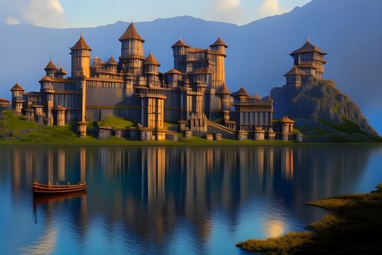 Castle on the lake. Landscape. Generative AI.