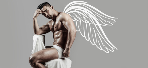 Photo banner of sexy man angel with wings for valentines day. Sexy male model body, nude torso. Sexy naked man, seductive gay. Muscular shirtless man, attractive guy. Athletic man, fitness model.