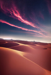 Fototapeta na wymiar Sand dunes in the desert open up to a fantastic cloudy sky #04, Generative AI