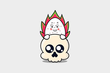 Cute Dragon fruit cartoon character hiding in skull illustration in flat modern design