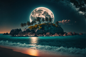 hut on paradise island with night and moon Generato Ai