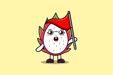 Cute cartoon Dragon fruit character holding triangle flag in 3d modern design illustration