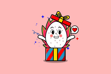 Cute cartoon Dragon fruit character coming out from big gift box look so happy flat cartoon style