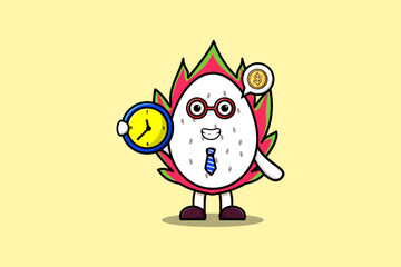 Cute cartoon Dragon fruit character holding clock illustration with happy expression