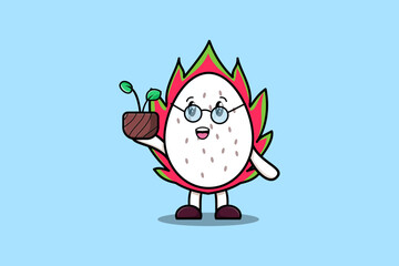 Cute cartoon illustration Dragon fruit holding plant in a pot flat modern style design 
