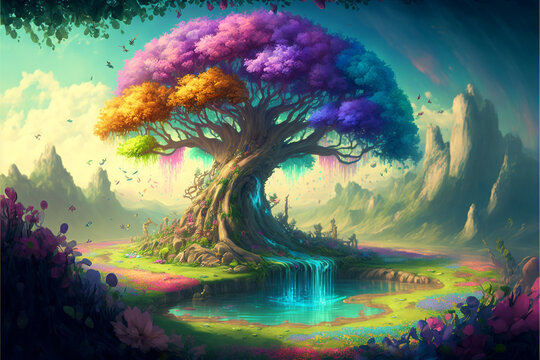 Paisaje, Árbol gigante con hojas arcoiris con un manantial,montañas, lago ilustración, ilustración full color