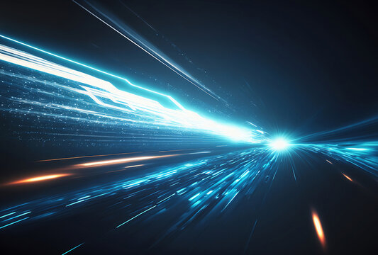 Digital image concept of futuristic energy technology, featuring abstract lines, stripes and light rays in blue, against a dark blue background, with a sense of speed and motion blur