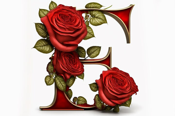 The letter E Valentine's Day Red Roses Isolated on White Background. Generative AI