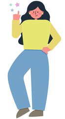 人差し指を立てて「要チェック」「ポイント」のポーズをとるロングヘアの女性のイラスト