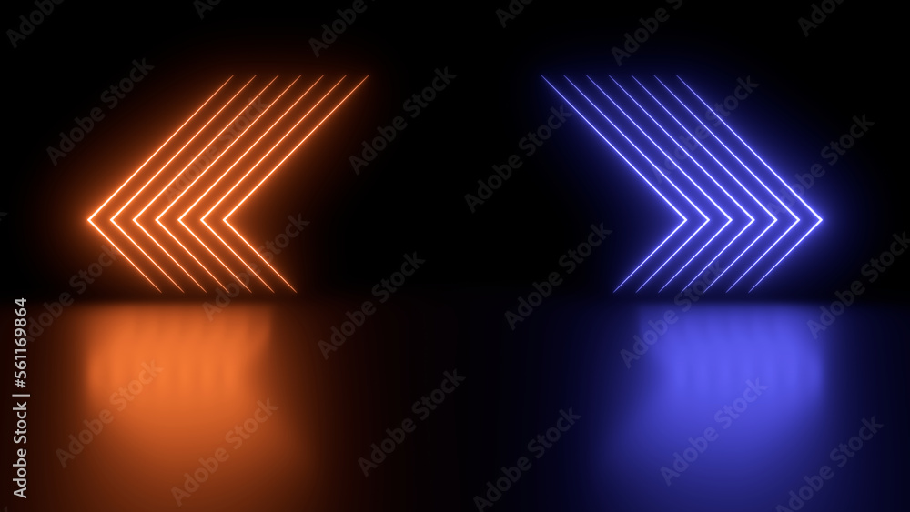 Poster sci fy neon glowing lamps in a dark hall. reflections on the floor. empty background in the center. 