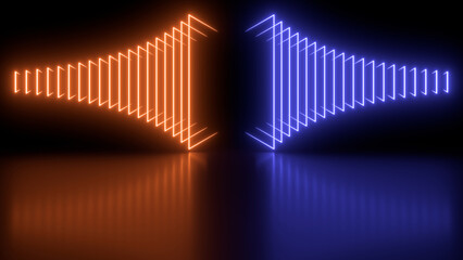 Sci Fy neon glowing lamps in a dark hall. Reflections on the floor. Empty background in the center. 3d rendering image. Abstract glowing lines. Techology futuristic background.