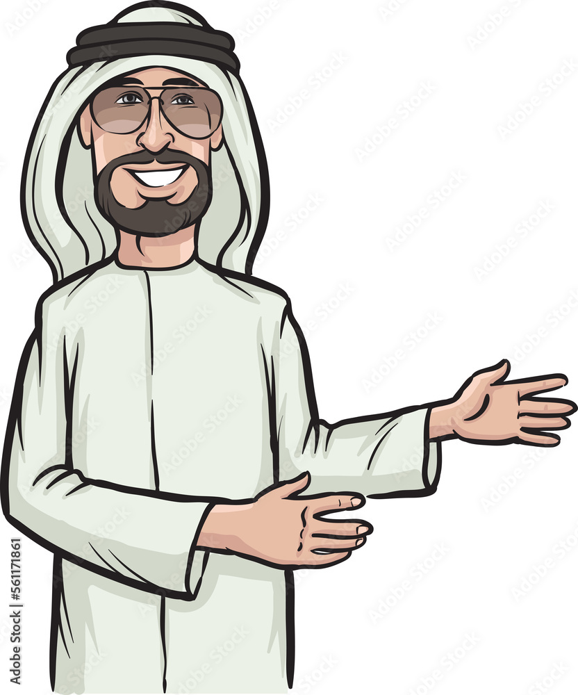 Poster standing smiling arab man showing direction - png image with transparent background