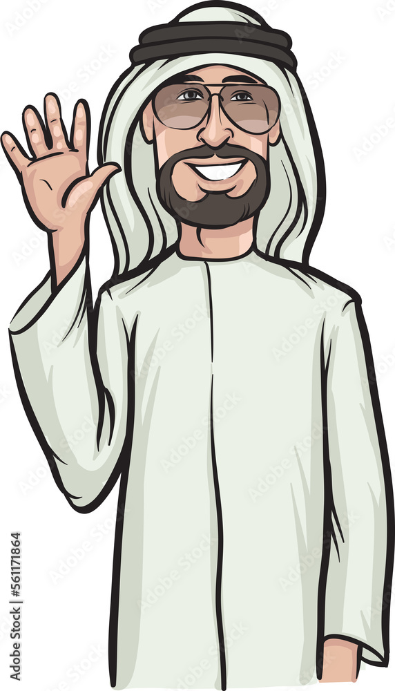 Poster standing smiling arab man waving hello - png image with transparent background