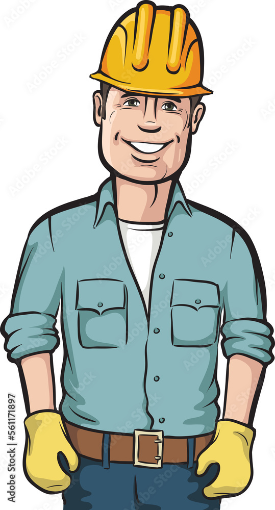 Poster standing smiling construction worker with speech balloon - png image with transparent background