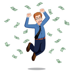 People celebrate success, achievement standing under money rain