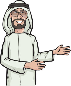 standing smiling arab man showing direction - PNG image with transparent background