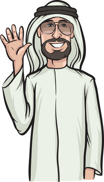 standing smiling arab man waving hello - PNG image with transparent background