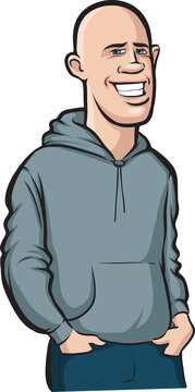 standing smiling bald young man with speech balloon - PNG image with transparent background