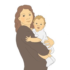 Young woman mother hugging baby illustration in retro style