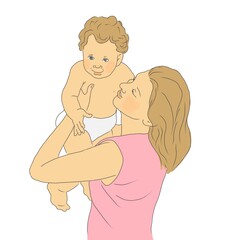 Young woman mother hugging baby illustration in retro style