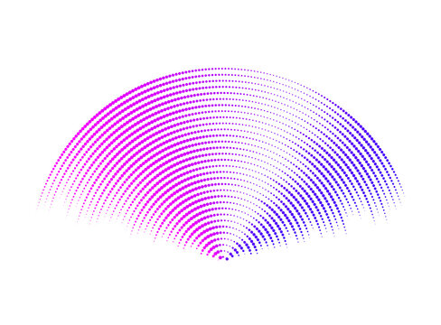 Purple sound wave signal. Radio or music audio concept. Epicentre or radar icon. Radial signal or vibration elements. Impulse curve lines. Concentric ripple semi circles.