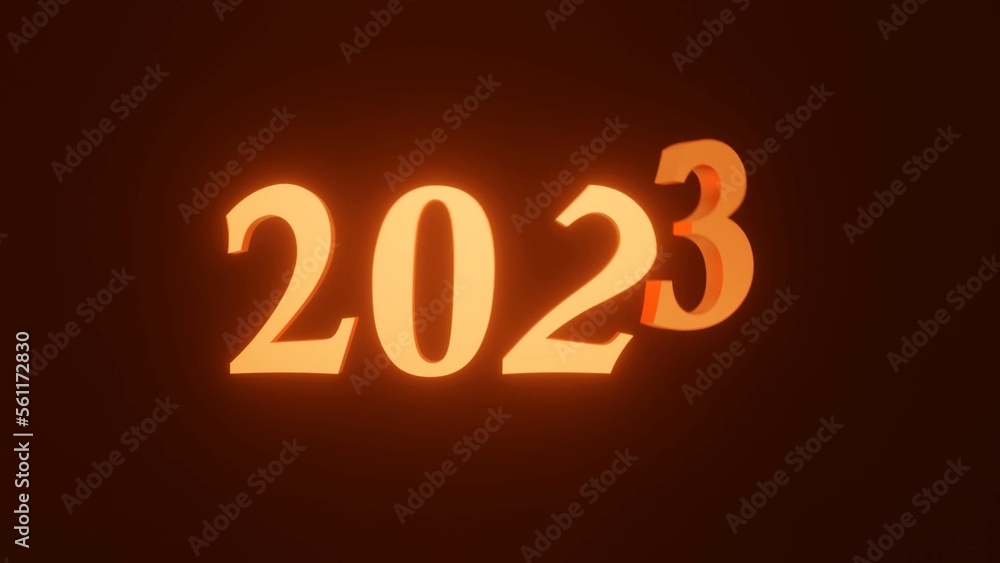Poster illustration of happy new year 2023 neon typography on red background with beautiful 3d text effect.