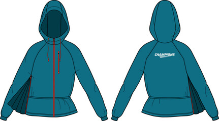 Women Windcheater Hoodie jacket design flat sketch Illustration, Hooded windbreaker utility jacket with front and back view, winter jacket for girls and women. Outerwear for winter warm up top. © JERZEY DESINZ