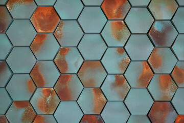 Hexagonal tiles in teal blue with rust-like orange marks, repeated pattern of six-sided polygons in shades of blue-green arranged in an uniform fashion and creating a pleasing geometric background