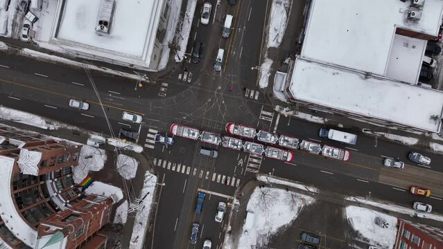 Aerial cinematic bloor st keingsinton market Toronto winter TTC 6