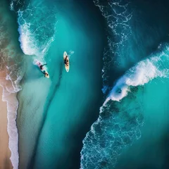 Fototapeten Aerial photo of a group of surfers surfing together in Hawaii. Colored surfboards in blue ocean top view. © Nikita