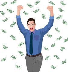 Happy businessman celebrates success standing under money rain, Concept of success and achievement