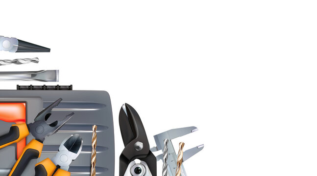 Realistic corner composition on the theme of assembler or locksmith skill. Craft hand metal processing. 3d tools of metalworking isolated. Illustration copy-space. png