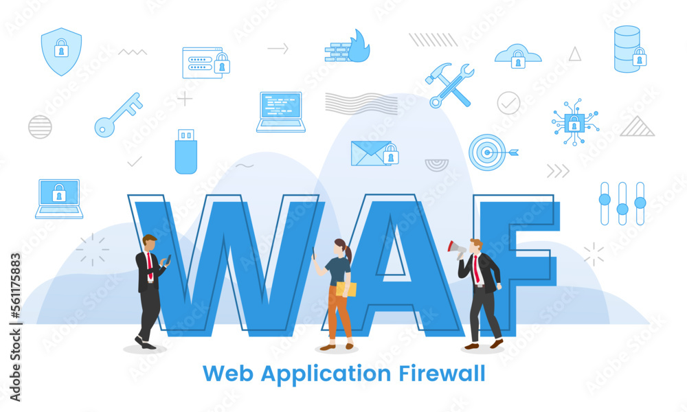 Poster waf web application firewall concept with big words and people surrounded by related icon with blue 