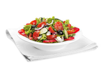 Close-up photo of fresh salad with vegetables in white plate