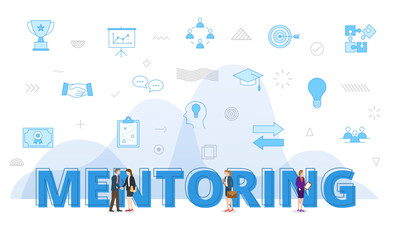 mentoring concept with big words and people surrounded by related icon with blue color style