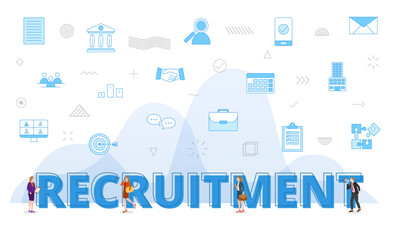 recruitment concept with big words and people surrounded by related icon with blue color style