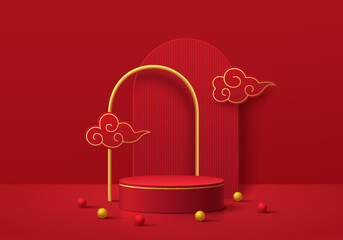 3D red, golden cylinder pedestal podium with arch scene, Cloud chinese style. Minimal wall scene products showcase, Promotion display. Abstract geometric forms. Happy lantern day or Chinese new year.