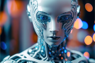 Futuristic AI Android in cinematic lighting, photoreal, realism, porcelan skin created with generative ai technology