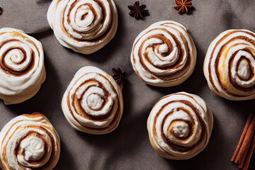 Obraz na płótnie Canvas Delicious cinnamon roll winter dessert with icing and cinnamon sticks Made with Generative Ai