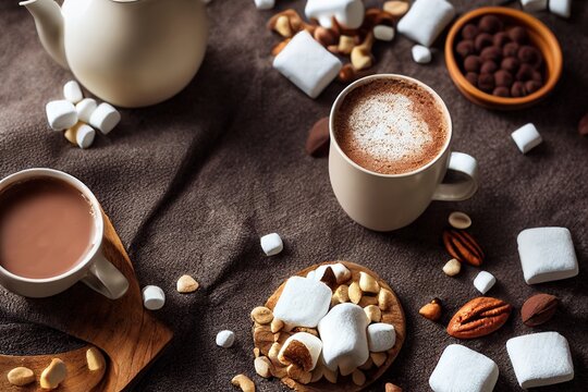 Delicious cozy winter coffee hot chocolate with marshmallow and nuts dessert Made with Generative Ai © Christian