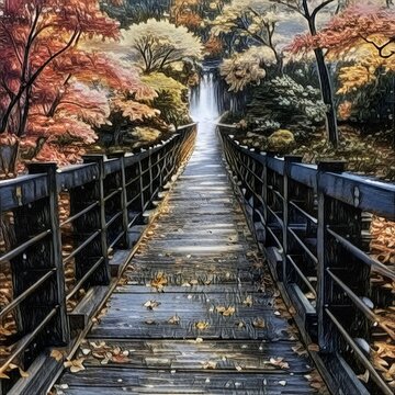 Bridge in autumn. Beautiful of Bridge Landscape with Autumn. wooden bridge with brush trees on both sides. © Mey Mey