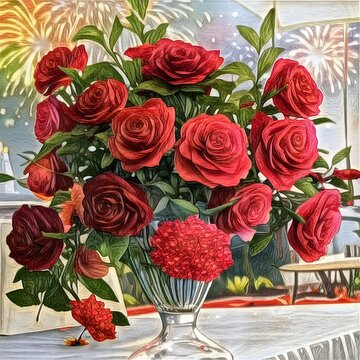 Bouquet of roses. Close-up of Rose Red  in a Vase. Beautiful picture of flowers red on fireworks background.