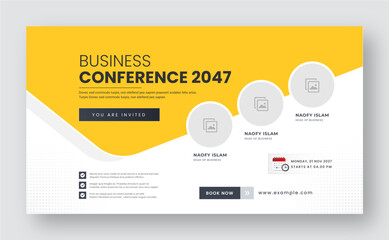 Business webinar invitation design. Webinar and business conference social media banner template. Online live webinar banner invitation template. Business conference flyer. Yellow web banner template.