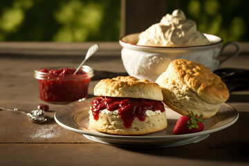 homemade scones that are just baked served with clotted cream and strawbery jam. Generative AI