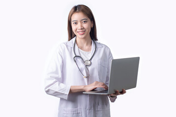 Portrait of Asian woman doctor wearing uniform holding laptop stand isolated on white background. Female medical nurse or practitioner with stethoscope look at camera.