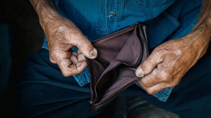 Banner, poverty, starvation, old man with pocket without money, poverty concept Depression.